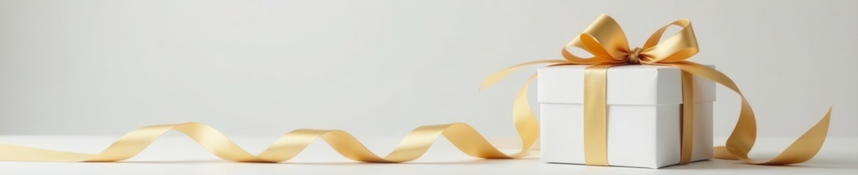 Luxurious white gift boxes with graceful gold ribbon fall, light grey setting, studio shot, birthday