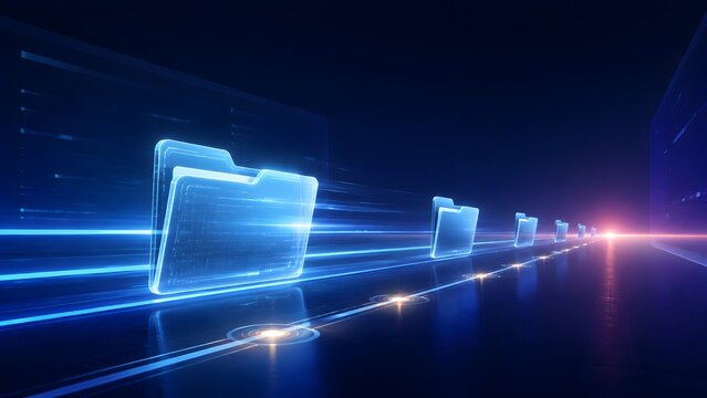 High speed digital file transfer highway showing glowing blue folders migrating across futuristic cyberspace network for cloud storage synchronization
