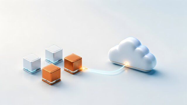 Cloud computing storage concept showing server blocks connecting to virtual cloud icon for secure data backup