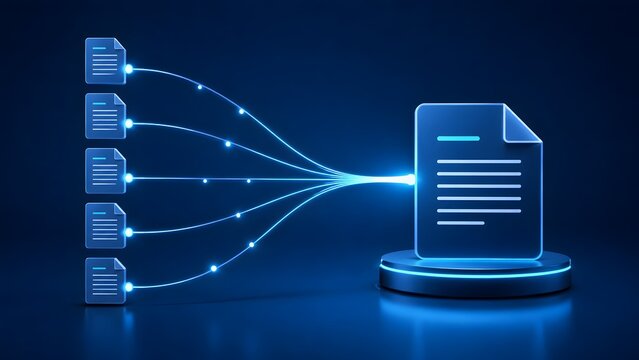 Digital file compilation process showing multiple data sources merging into a central document on a futuristic platform for automated reporting