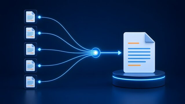 Centralized data funneling concept showing multiple digital documents syncing into a single master file on a minimalist technology platform