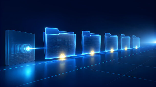 Secure network file transfer between glowing blue digital folders representing enterprise cloud storage and data synchronization