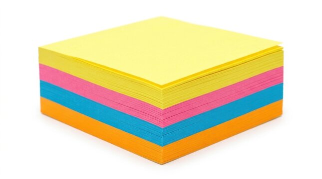 A stack of colorful square sticky notes in yellow pink blue and orange colors piled up neatly for office work tasks isolated on white background