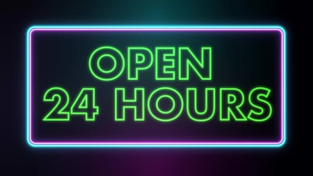 Glowing Neon Open 24 Hours Sign Animation with Flickering Light Effect