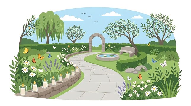 Peaceful memorial garden landscape illustration with stone path candles and white flowers in a serene park