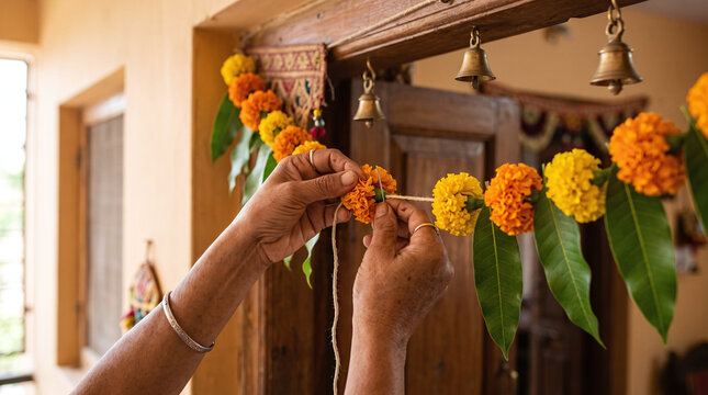 Hands making a traditional marigold flower and mango leaf toran for Diwali.