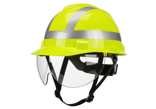 Yellow construction safety hard hat with clear protective face shield visor isolated on transparent background