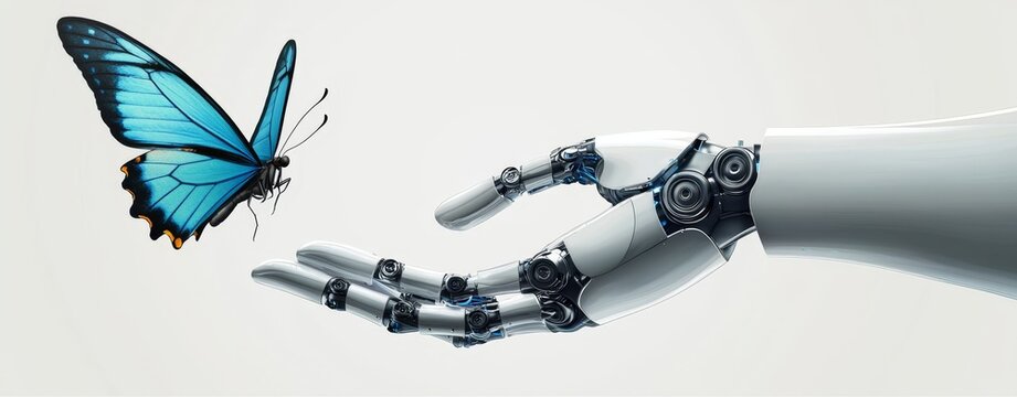 Exploring the harmony between wildlife and machinery through a blue butterfly on a robot's hand.