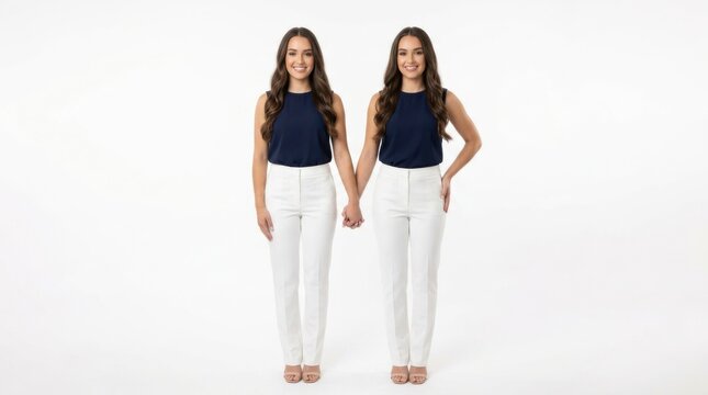 Two happy twin sisters wearing dark blue tops and white pants holding hands while standing together and smiling at camera isolated on white background