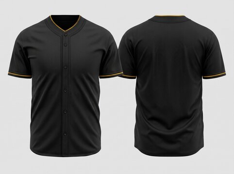 Black baseball jersey mockup featuring front and back views with gold trim on gray background.
