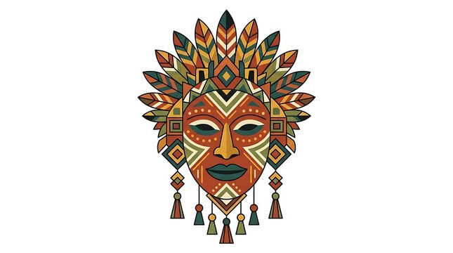 Stylized traditional ceremonial tribal mask with feather headdress and geometric ornaments isolated on white