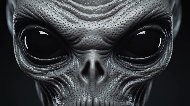 Extreme Close Up Portrait of Grey Alien Blinking Eyes against Dark Background