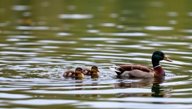 A serene waterway scene where a family of ducks, including an adult and ducklings, are swimming. They seem to be enjoying their time in the water.