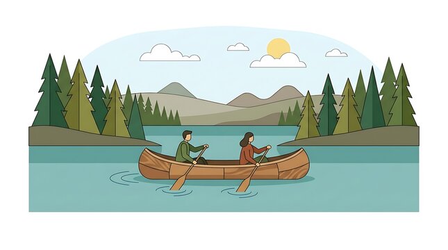 A young couple rowing a wooden canoe across a calm river surrounded by a pine forest and mountains.