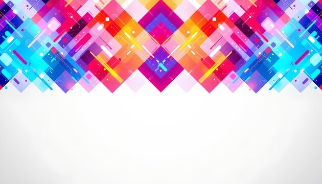 An abstract digital art piece with a vibrant mix of colors, primarily in shades of blue, pink, and orange, arranged within a diamond shaped pattern that resembles a quilted or tessellated design