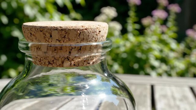 Garden sunlight illuminates a broad cork stopper sealing an upright clear glass storage bottle on a slatted table, pairing vivid reflections and floral bokeh with practical plastic free organization