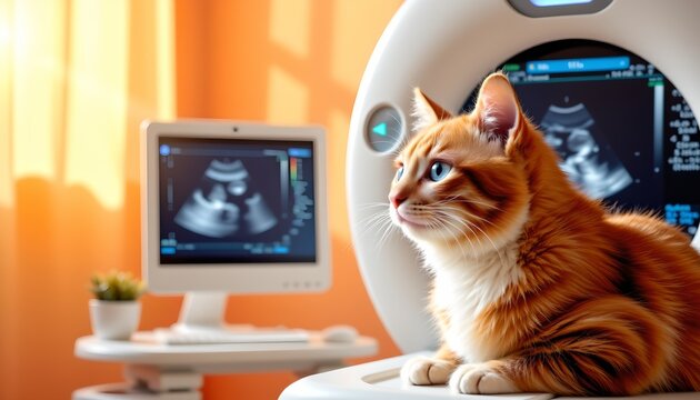 In the center of the image, an orange cat is lying down in front of a medical imaging machine, seemingly resting with its body turned towards the viewer