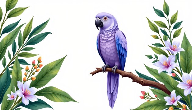 A vibrant parrot perched confidently atop a branch, with verdant foliage adorning the background