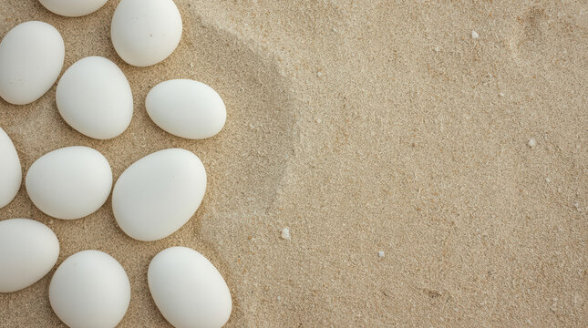 White eggs on sand top view minimalist still life