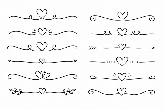 Set of decorative heart dividers and swirly line borders for design isolated on white background
