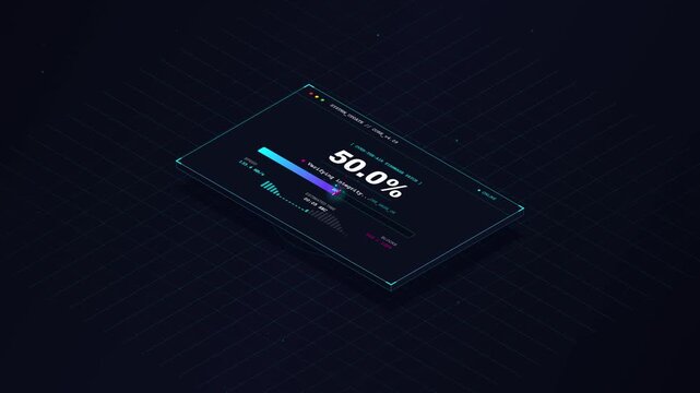 Futuristic Isometric User Interface HUD Displaying System Update Progress with Digital Grid Background, Firmware Patch Download Animation, Cyber Security Software Interface