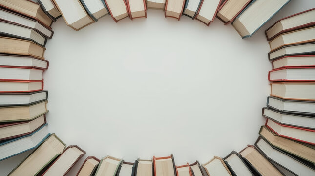Top view stacked books empty center, minimal classroom reading concept