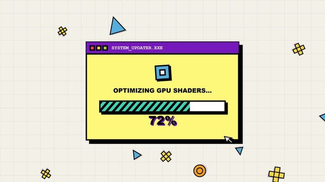 Retro computer interface window labeled system_updater.exe with a progress bar at 3 percent and text reading downloading assets on a cream grid background with colorful geometric shapes.