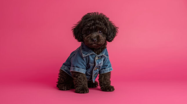 Toy poodle puppy denim jacket pink background cute pet portrait