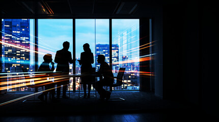 Obraz premium Silhouette Business Team Meeting with Motion Light Trails and City View at Night