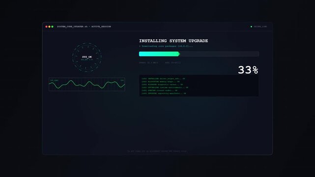 Digital computer terminal interface showing a system upgrade process with a progress bar, scrolling log data, CPU load graph, and percentage indicator in a dark blue HUD style.
