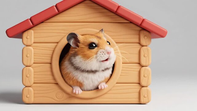 Cute hamster peeking from wooden pet house adorable rodent