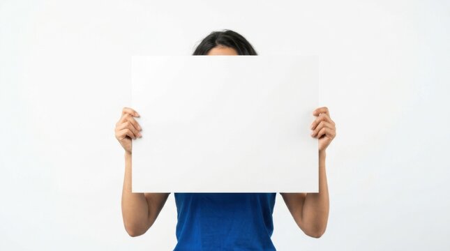 Young woman holding a large blank white sign in front of her face to show space for text or advertisement message isolated on white background
