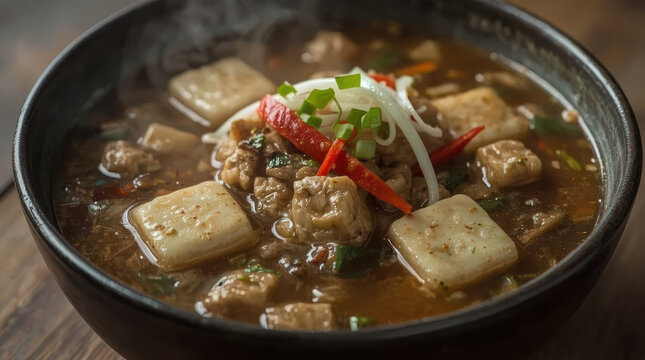Soybean paste stew tofu bowl savory Korean soup with vegetable garnish