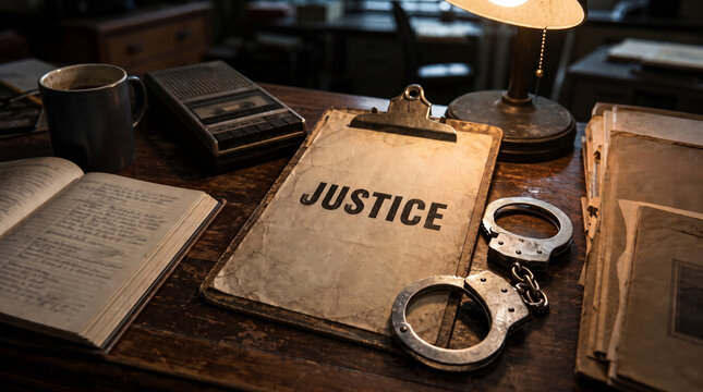 Rustic detective workspace with Justice document, handcuffs and voice recorder. Legal services, law offices and corporate investigation concepts.