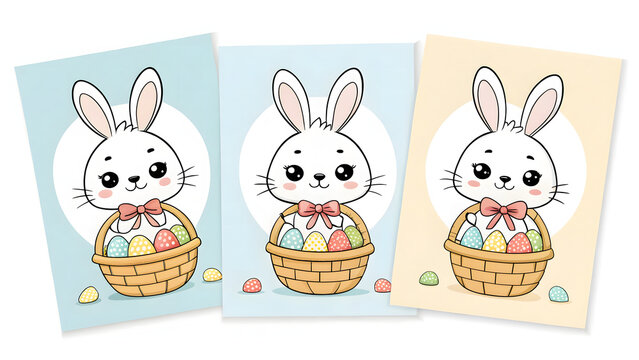 Cute Easter bunny illustrations with eggs. Minimalist vector rabbit cards for spring holidays.