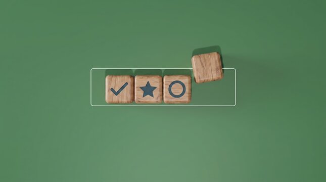 Wooden blocks with checkmark star and circle symbols on green, rating feedback quality assessment, business evaluation icons, minimalist design, composition