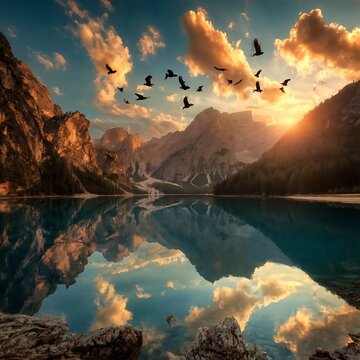 Stunning sunset over Lago di Braies in the Italian Dolomites with flying birds.