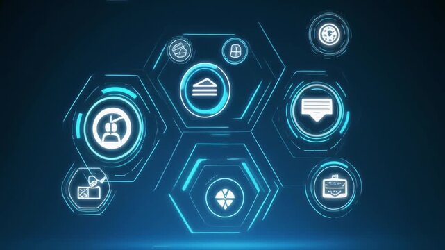 Futuristic digital interface displaying glowing hexagonal icons and data nodes in a sleek blue cybernetic environment, captured with a sharp high-tech aesthetic.