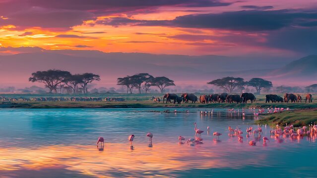 Stunning sunset over Lake Nakuru in Kenya with a flock of flamingos.