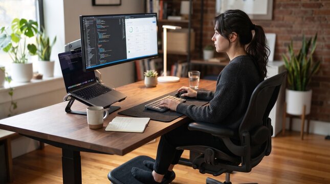 Woman programmer coding on computer at desk with laptop and plants in home office