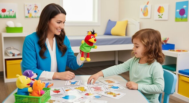 Woman teaching young child educational activities at colorful classroom table