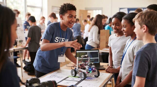 Diverse group of students engaged in a STEM robotics project presentation at a school science fair