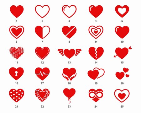 Set of red pixel art heart icons for video games and digital design isolated on white background