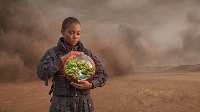 A woman in a uniform stands in a dusty desert, holding a glowing glass sphere containing a lush green ecosystem with a stream.