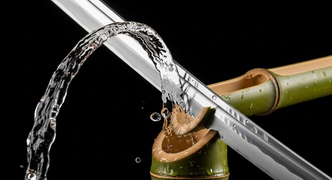 Water flowing from bamboo spout in natural sunlight creating refreshing organic texture