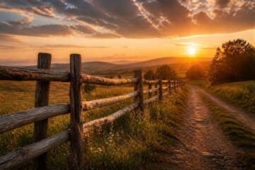 Obraz premium Wooden fence lining dirt road at sunset in countryside