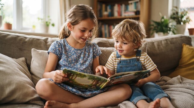 Two young siblings enjoying a storybook together on a comfortable sofa in a cozy living room setting