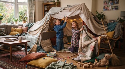 Fototapeta premium Joyful siblings build a cozy blanket fort in their living room with fairy lights and toys scattered around