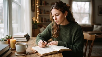 Fototapeta premium Woman writing in journal at desk with coffee and candle by window