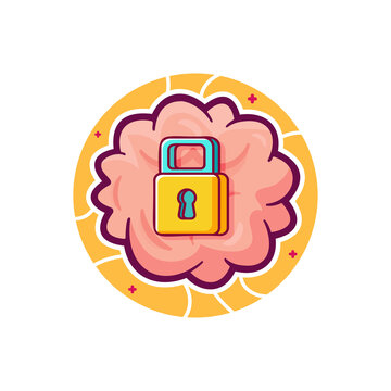 Cute brain lock and mind security cartoon illustration featuring a pink brain and padlock. Mental protection and privacy concept